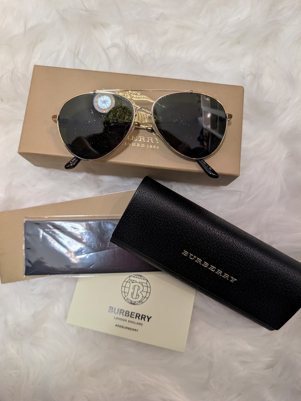 Burberry Gold Frame Black Lens Aviator Sunglasses with Black Case